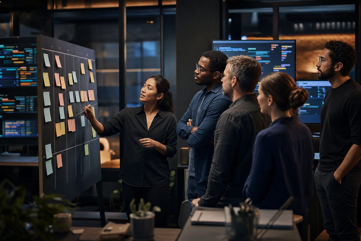Delivery team at a sprint board with code on screens
