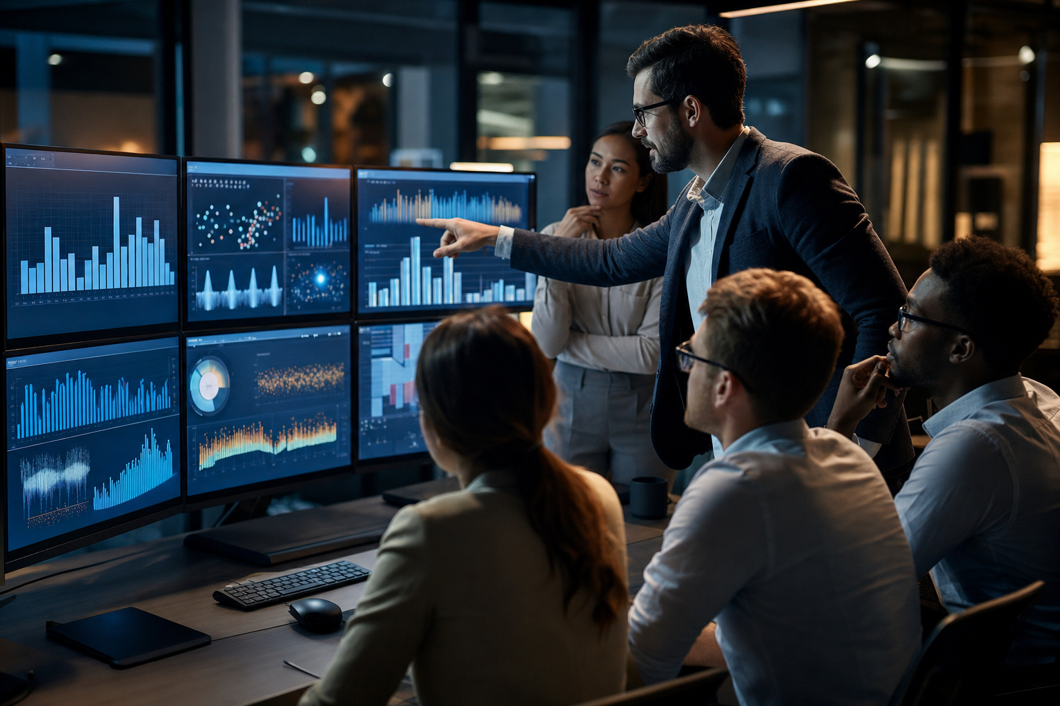 A team of analysts working through charts together on several monitors