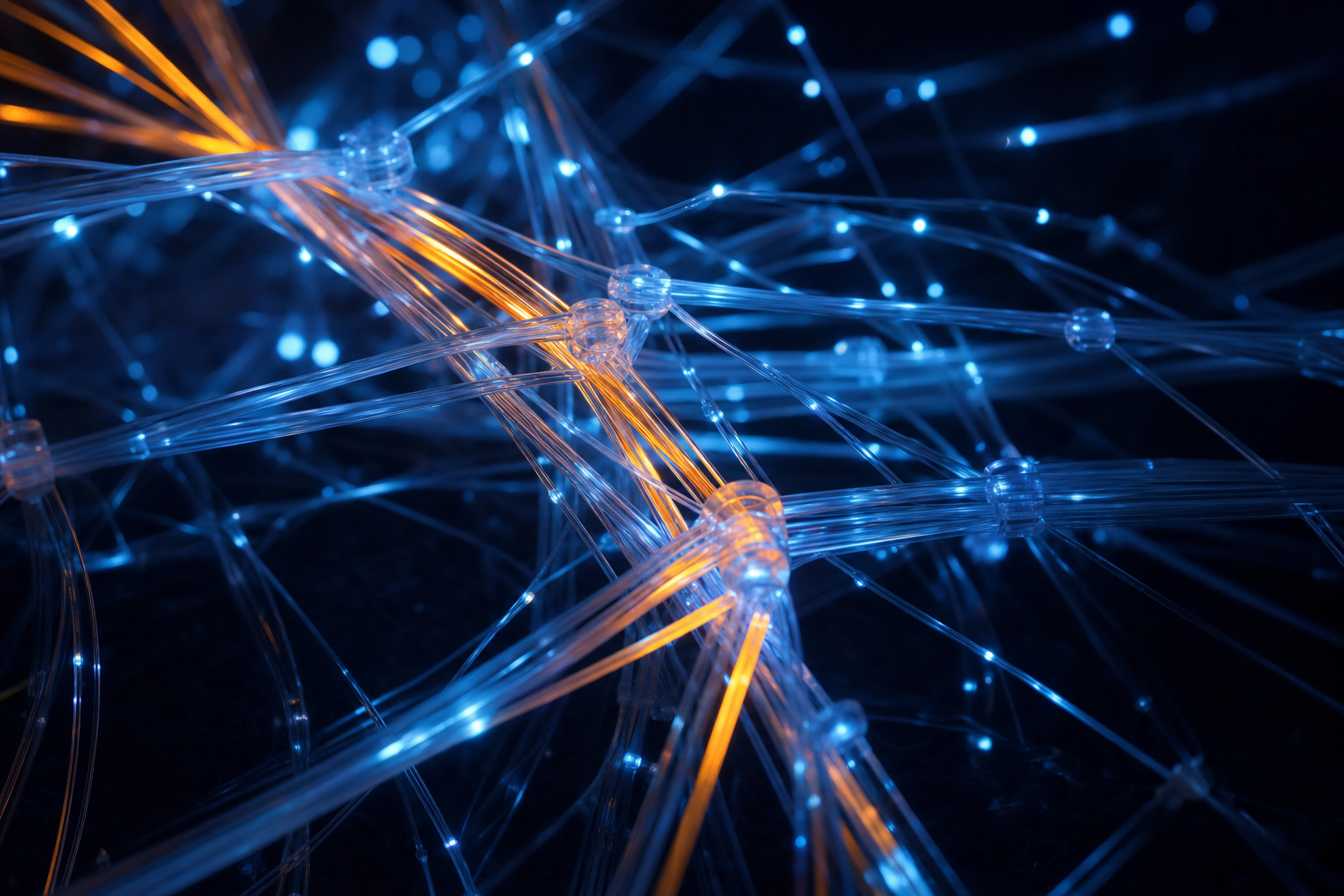 Dense web of glowing blue strands with clear orange pathways cutting through it