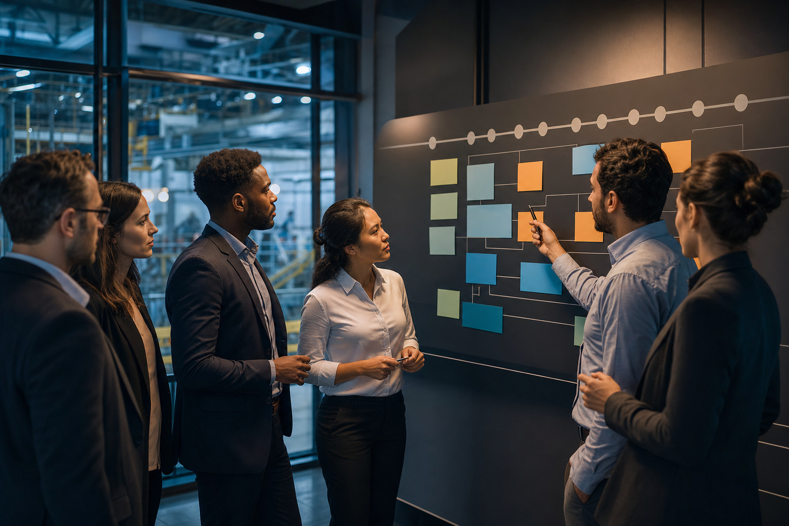 Team working through a roadmap together on a whiteboard