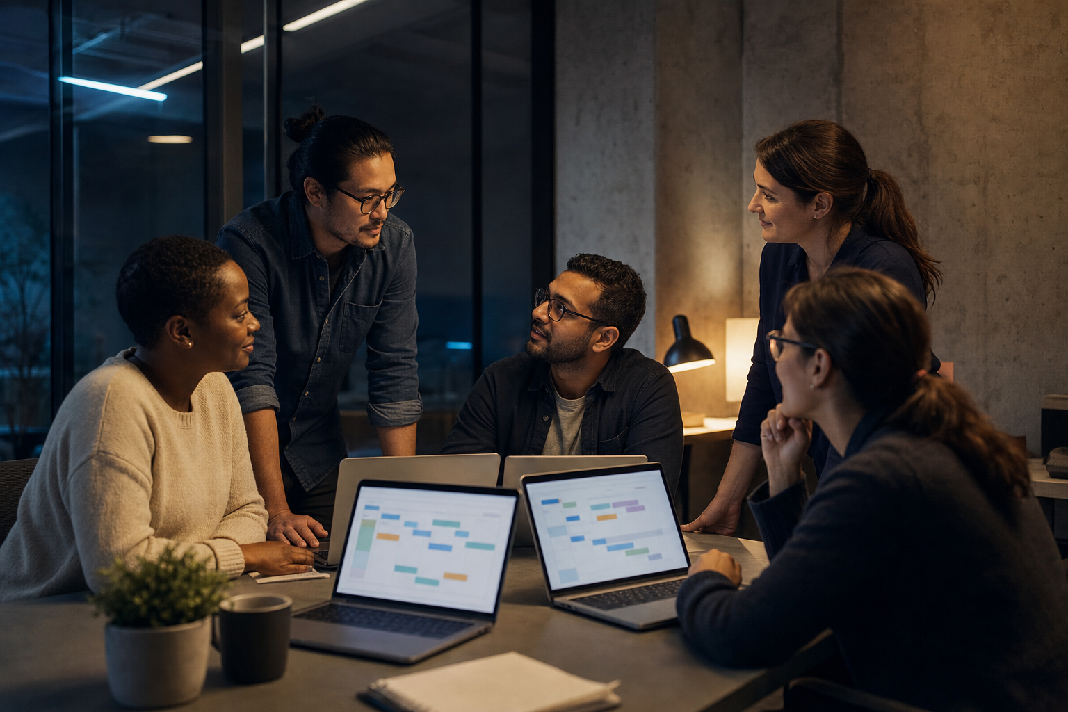Project team discussing an AI delivery plan in a dark, blue-lit room