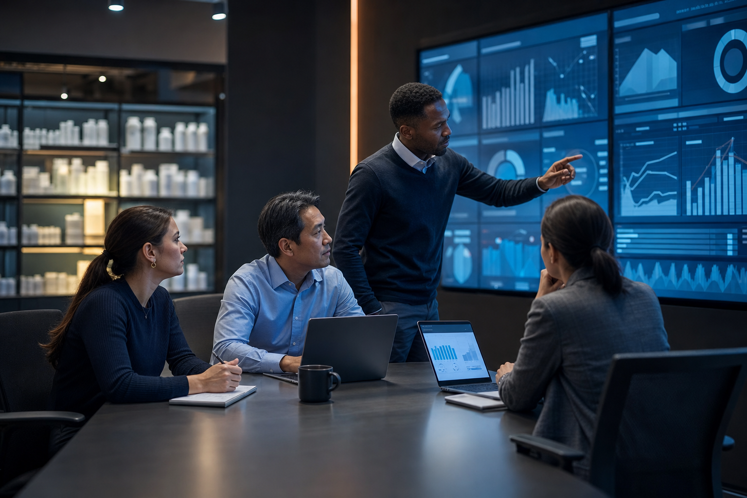 Compliance analysts reviewing benefit configuration dashboards