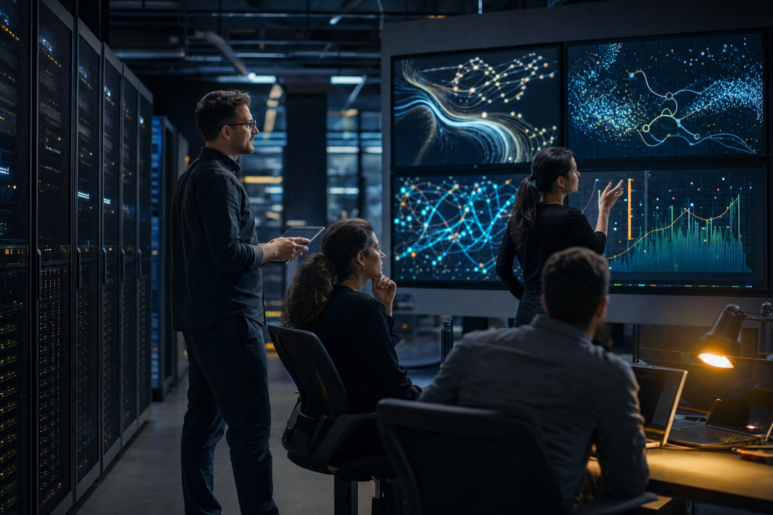 Engineers reviewing system integrations beside server racks