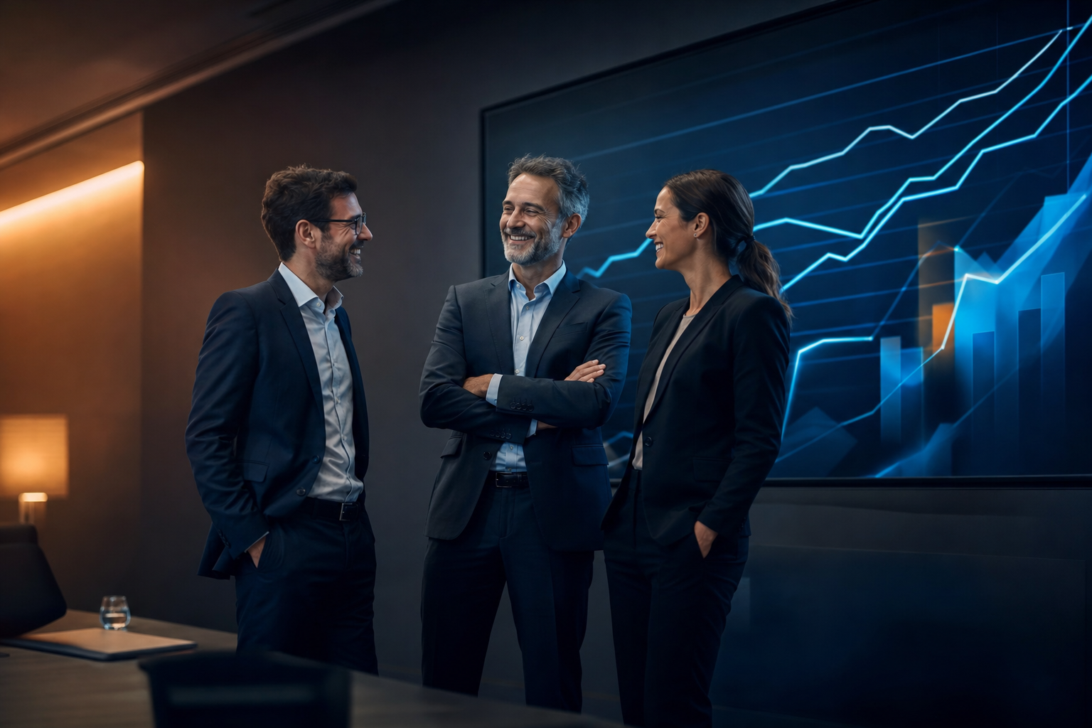 Colleagues sharing a confident moment in a modern office