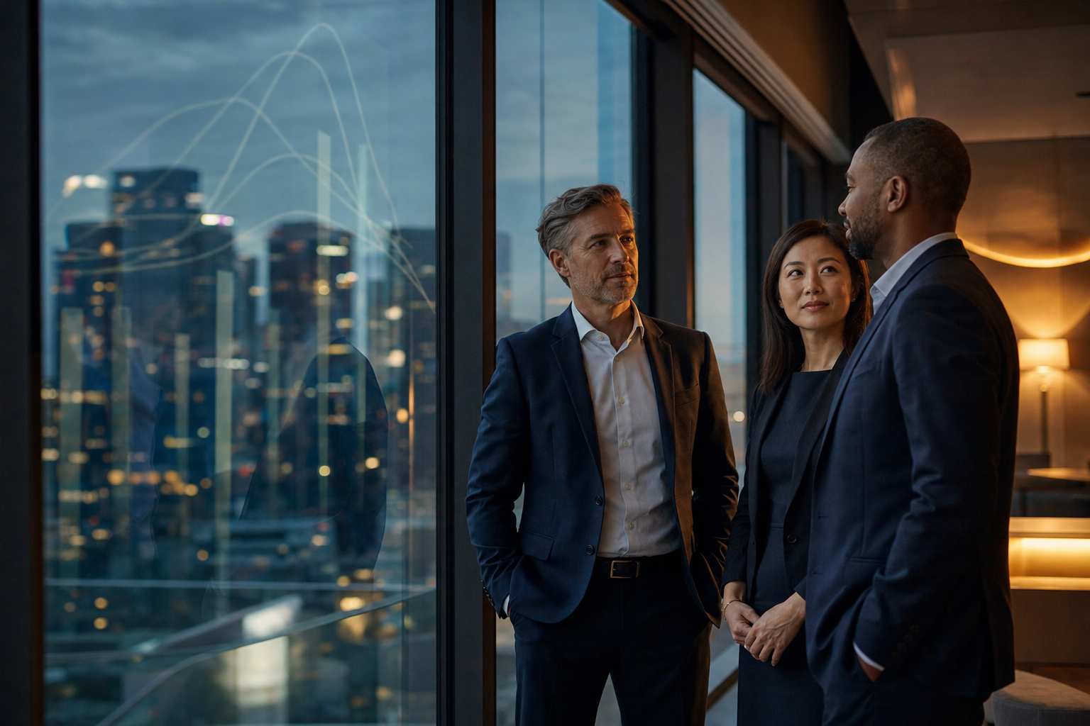 Senior consultants talking at blue hour against a city skyline