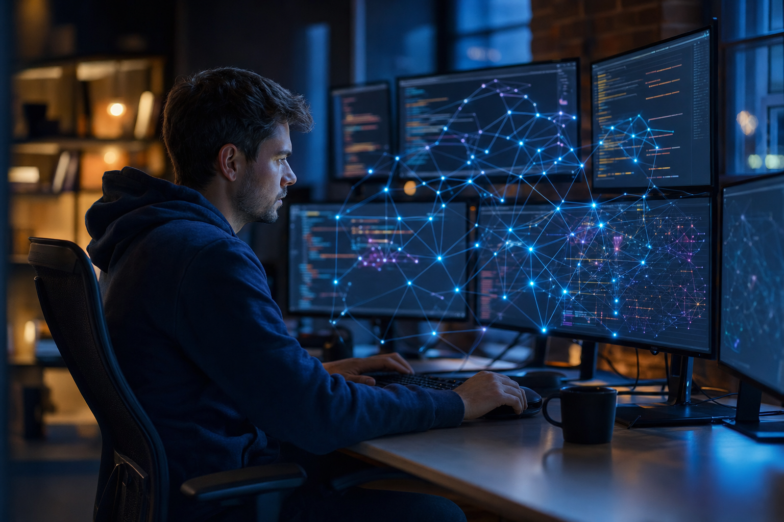 Software engineer orchestrating AI agents shown as a glowing node network across screens